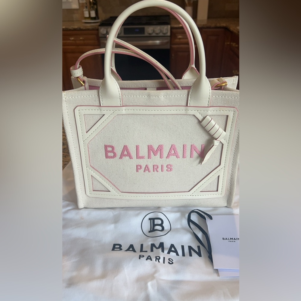 Authentic Balmain Paris Small B-Army Tote White Canvas Pink leather trim logo.